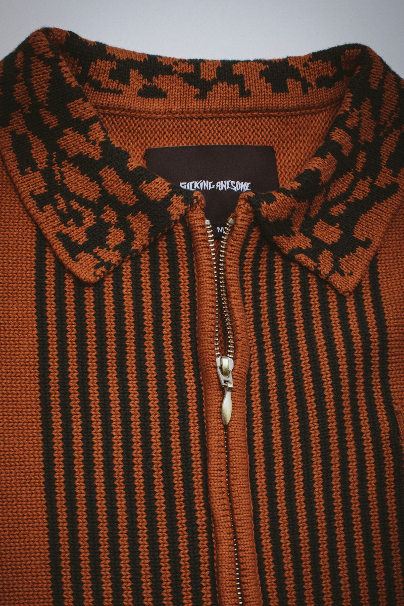 【FUCKING AWESOME】 ZIP POLO STRIPED KNIT SWEATER BLACK Fucking Awesome - Multi Stripe Zip Polo - Black/Striped