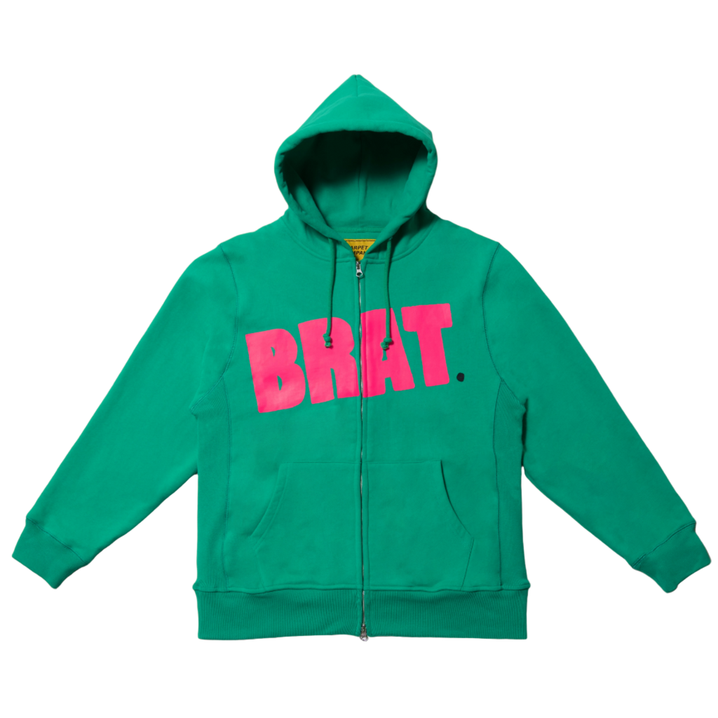 Green Hoodie with pink logo reading BRAT