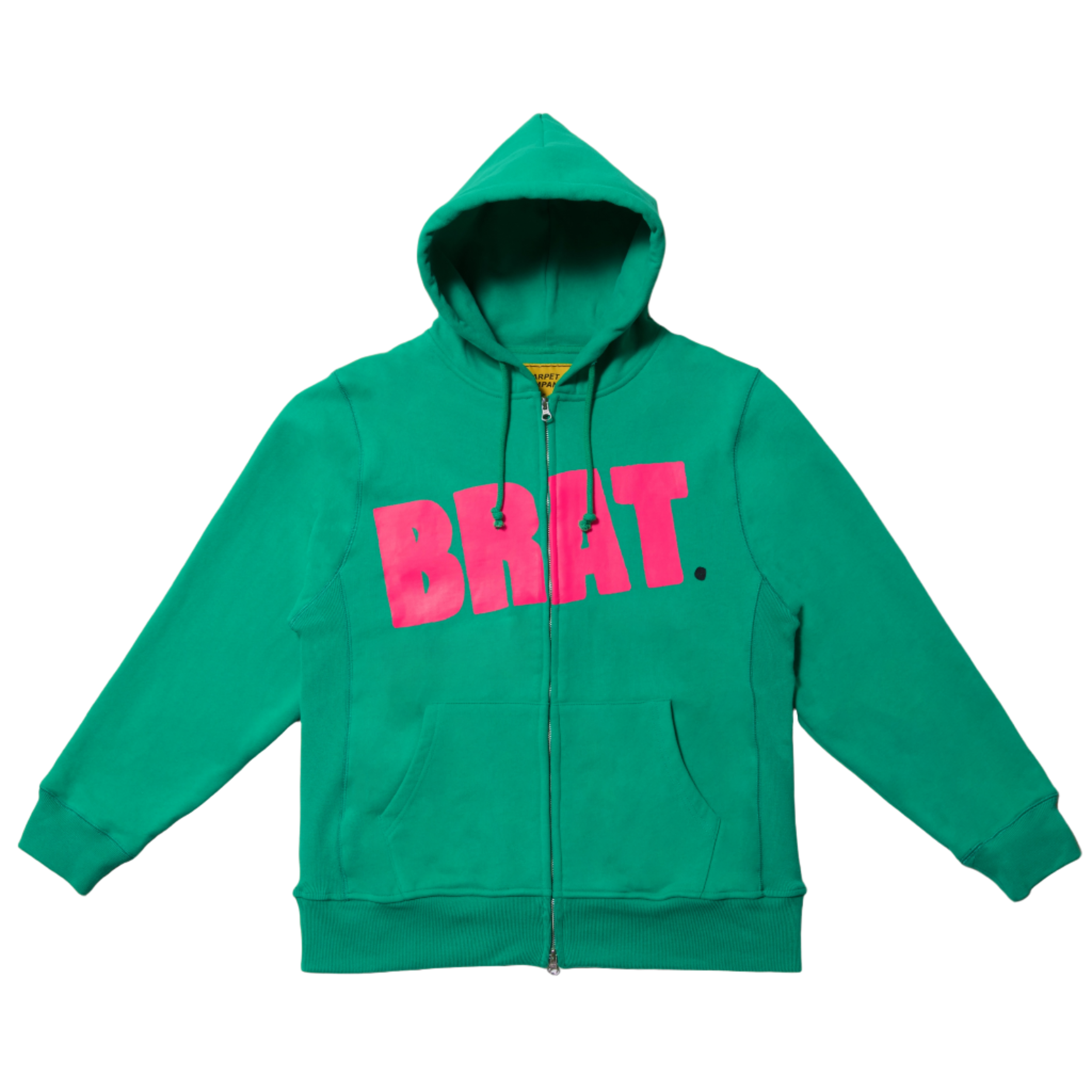 Green Hoodie with pink logo reading BRAT