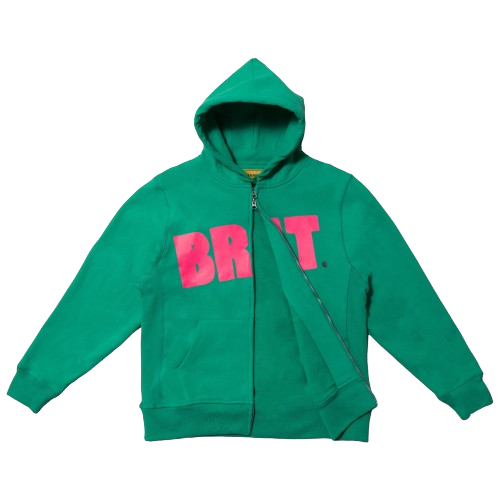 Green Hoodie with pink logo reading BRAT which is zipped open